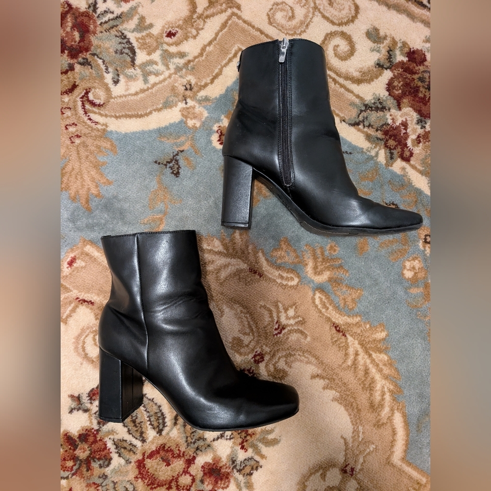Square Toe Black Leather Ankle Boots ♠️🎩